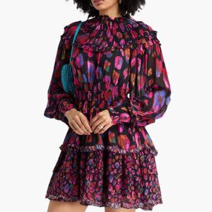 Farm Rio Black Iridescent Leopards Ruffle Mini Dress